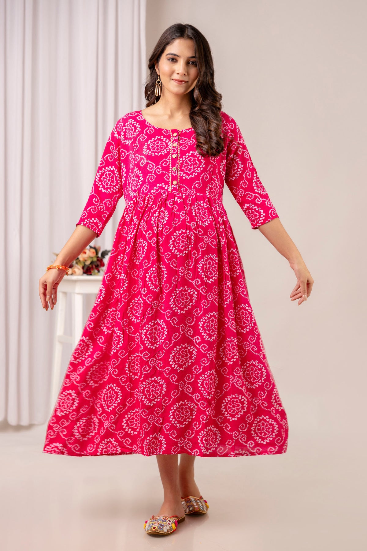 HENAL PK53 Pink maternity and nursing kurta: front full-length view showing flared silhouette and three-quarter sleeves.