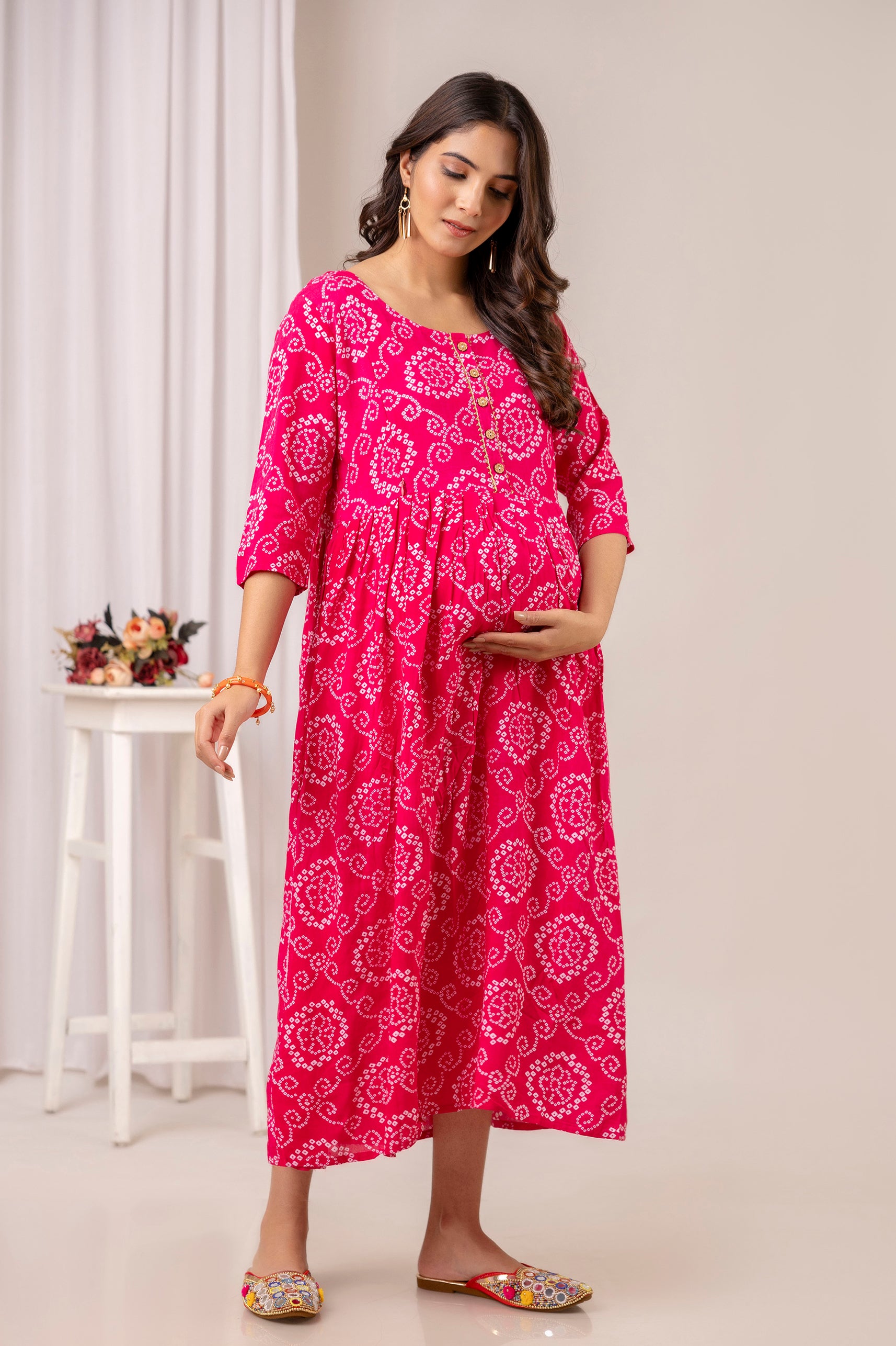 Pink Bandhani Print Cotton Maternity Dress | Feeding Friendly Pregnancy Wear - HENAL