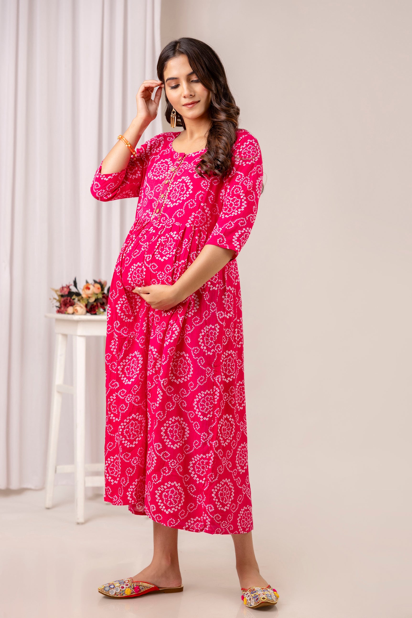 Pink Bandhani Print Cotton Maternity Dress | Feeding Friendly Pregnancy Wear - HENAL