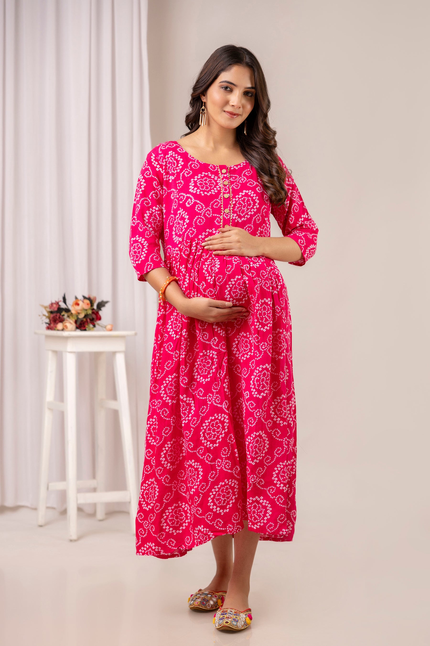 Pink Bandhani Print Cotton Maternity Dress | Feeding Friendly Pregnancy Wear - HENAL