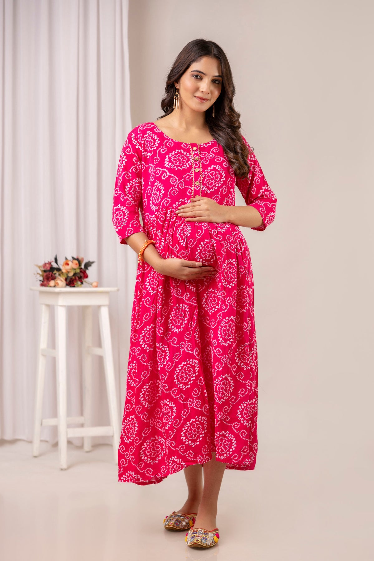 HENAL PK53 Pink maternity and nursing kurta: full-length front maternity pose.