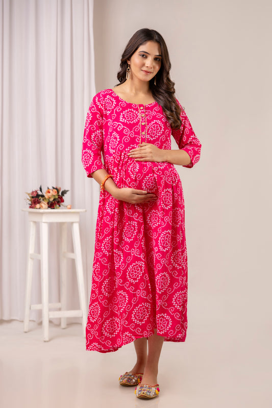 Pink Bandhani Print Cotton Maternity Dress | Feeding Friendly Pregnancy Wear - HENAL