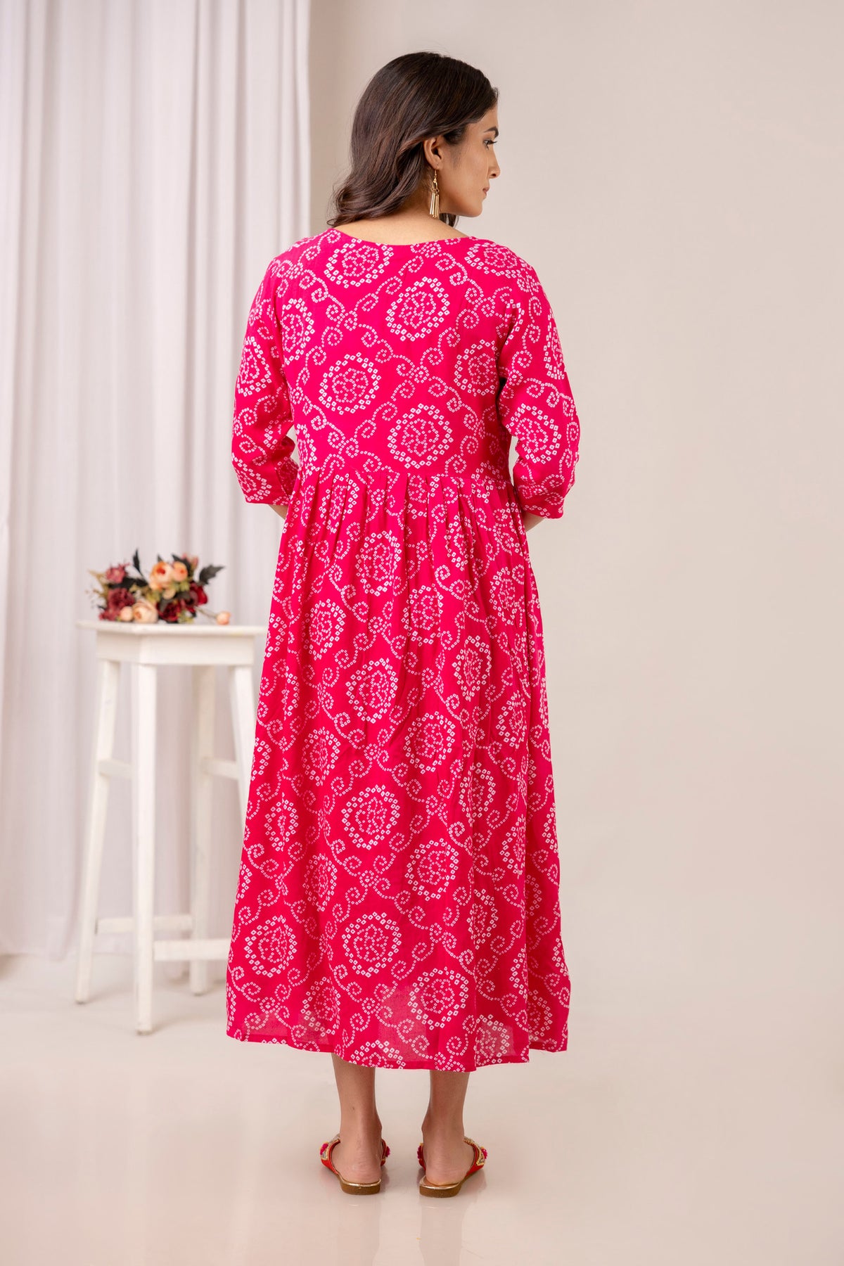 HENAL PK53 Pink maternity and nursing kurta: full-length back view showing waist gathering.
