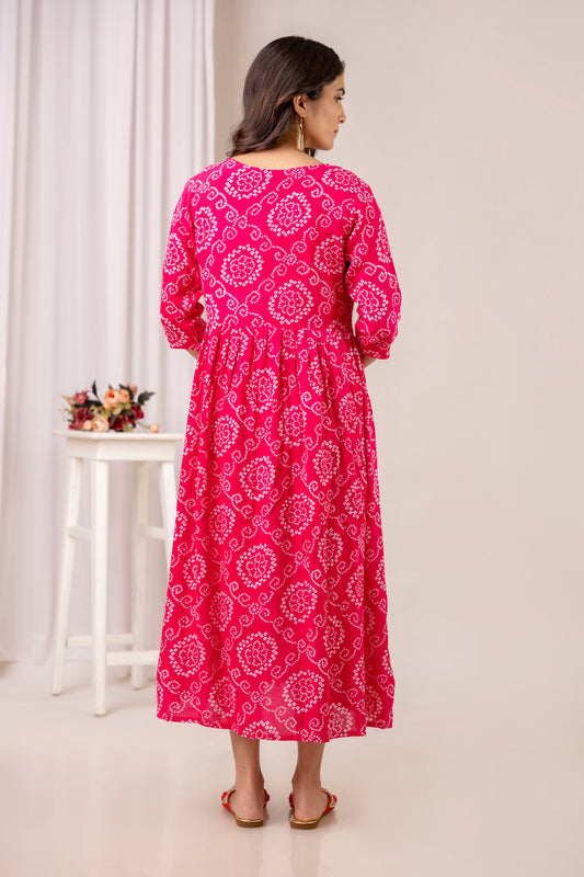 Pink Bandhani Print Cotton Maternity Dress | Feeding Friendly Pregnancy Wear - HENAL