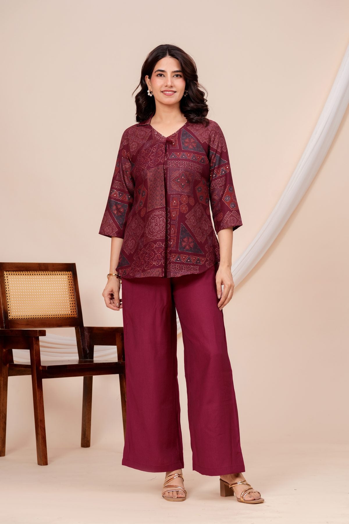 Henal Barlin discharge printed co-ord set maroon