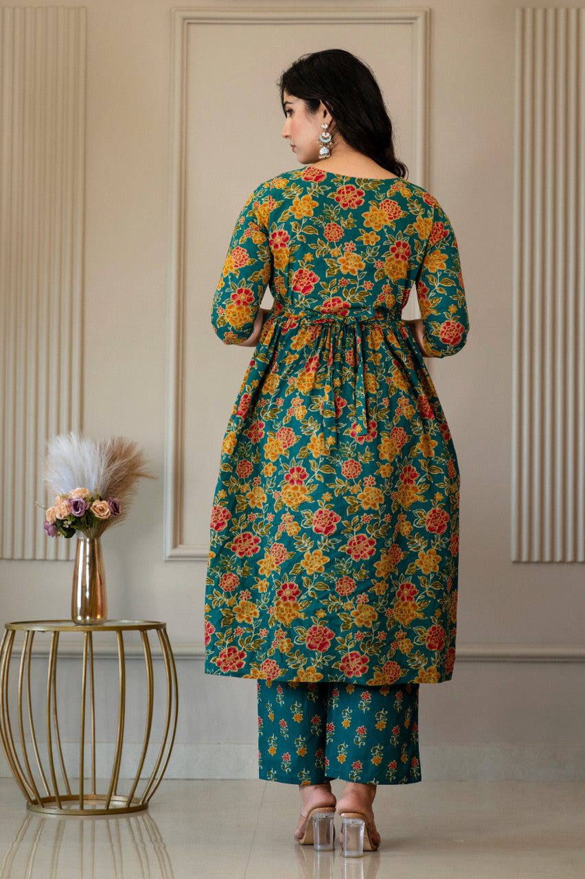HENAL H454 Green floral kurta pant set — photo 2