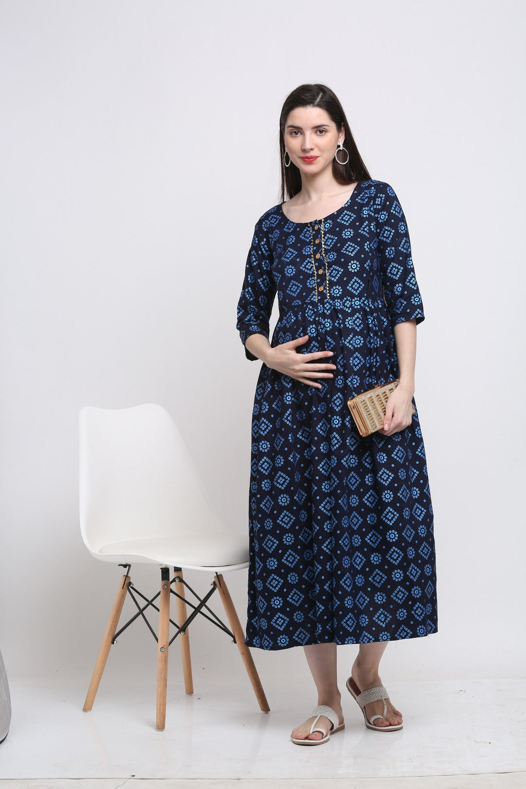 Dark Blue Printed A-Line Maternity Kurta — product image 1