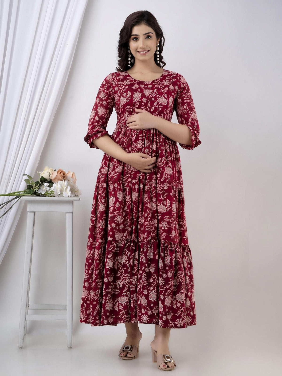 Maroon & White Fit & Flare Maxi Maternity Dress — product image 1