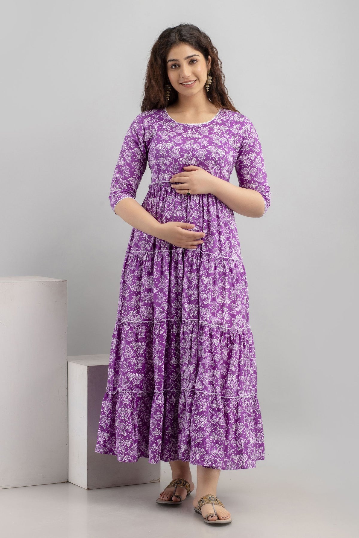 Purple Striped Flared Maternity Kurta — product image 1