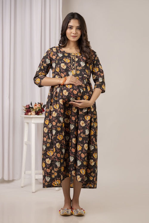 Black Printed Flared Maternity Kurta — product image 1