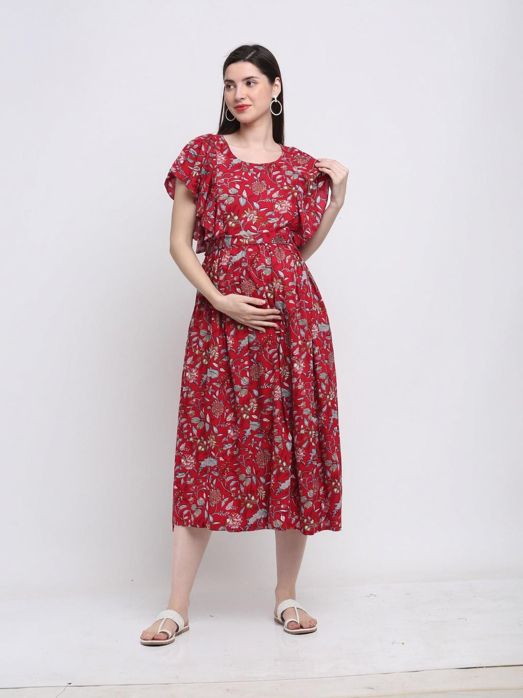 Red Floral-Print Flared Maternity Kurta — product image 1