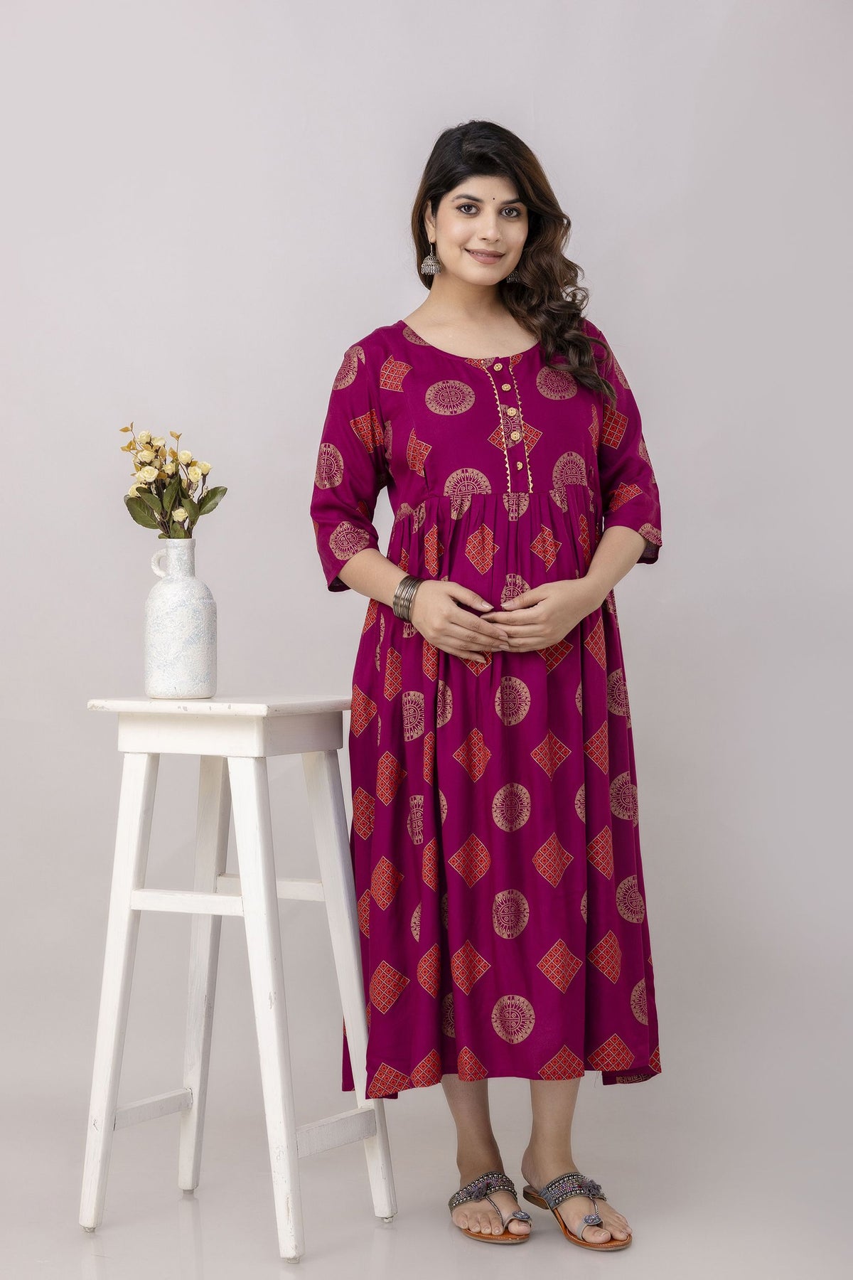 Wine Cotton Flared Nursing Dress — product image 1