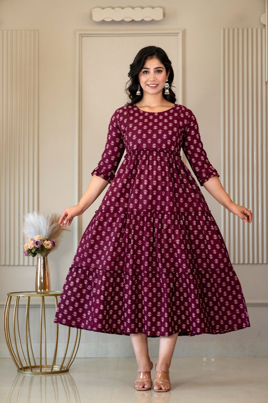 Maroon Floral Ethnic Midi Dress (H452) — product image 1