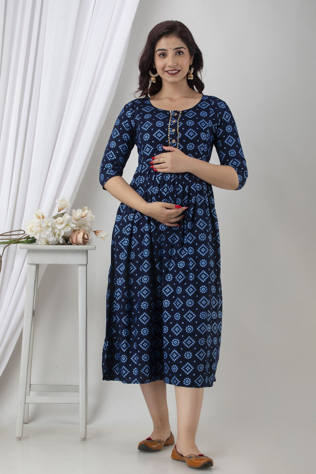 Dark Blue Geometric-Print Anarkali Maternity Kurta — product image 1