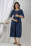 Dark Blue Geometric-Print Anarkali Maternity Kurta — product image 1
