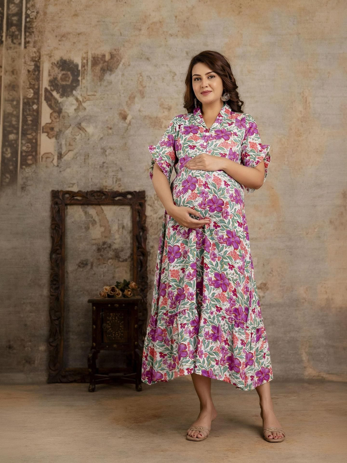 Ruffle-Sleeve Floral Maternity Dress — product image 1